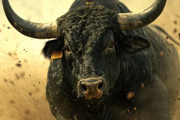 Gordijnen Close-up of a large black bull charging in a bullfight . © Nazia