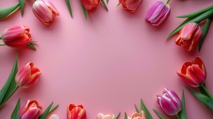 Tulips flower frame on pink background, women day, mother day