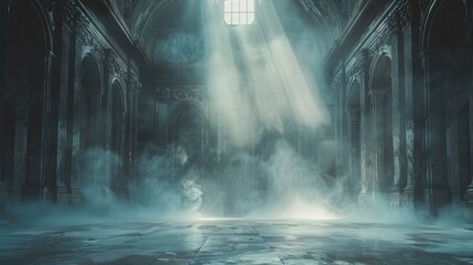 abstract renaissance empty big hall dark gothic light and smoke room 