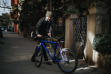 A modern bearded man in casual attire getting ready to ride his blue bicycle on a sunny urban street lined with trees.
