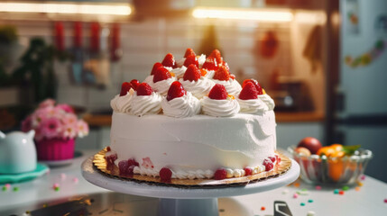 Obraz na płótnie Canvas Strawberry-topped cake on a festive table setting.