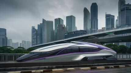 Futuristic train gliding through a modern cityscape under cloudy skies featuring sleek architecture and an elevated railway track