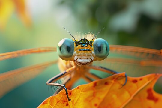 Natural background and close up portrait of dragonfly with big eyes. 