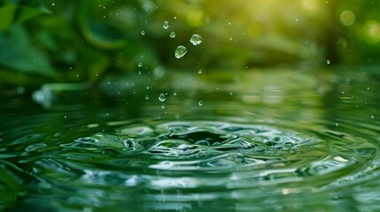 A single drop of rain gently drips from a leaf creating delicate ripples on the calm surface of the water. Raindrop on an ephemeral beauty of nature. - obrazy, fototapety, plakaty