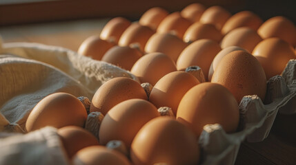 A carton of fresh brown eggs in natural light.