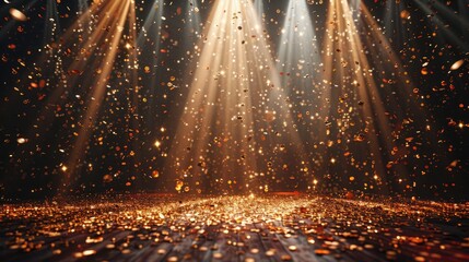golden confetti rain on festive stage with light beam in the middle empty room at night mockup with copy space for award ceremony jubilee new year s party or product presentations  - Powered by Adobe