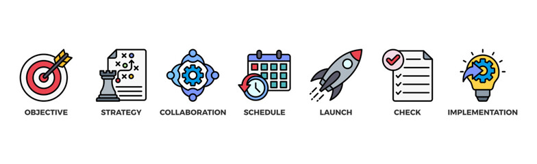 Action plan banner web icon vector illustration concept with icon of objective, strategy, collaboration, schedule, act, launch, check, and implementation	