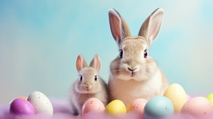 Naklejka na ściany i meble Two cute rabbits with colorful Easter eggs on blue background