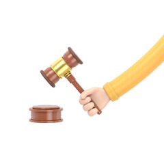 Transparent Backgrounds Mock-up. Justice. Hand holding judges gavel. 3D illustration flat style design. Symbol of law. Businessman in a suit holds an auction.Supports PNG files with transparent backgr