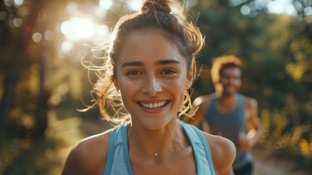 portrait of happy fit people running together ourdoors couple sport healthy lifetsyle concept  wide shot long shot depth of field focuses on the genuine smile 
