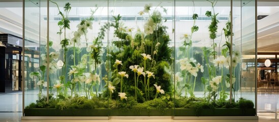 An urban design feature of a rectangular glass wall showcasing a variety of terrestrial plants, flowers, and grass, creating a natural landscape art display