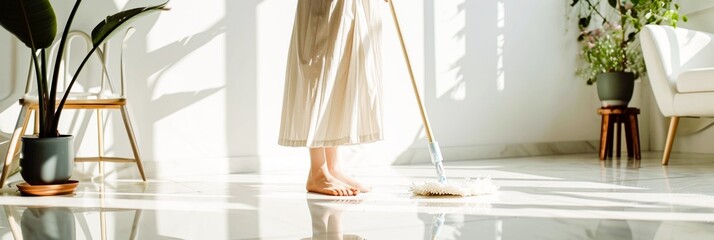 A person in a light dress mopping a shiny white floor in a sunlit room with green plants and modern decor.banner.home care or lifestyle,