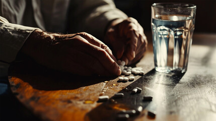 An elderly person's hands with pills and a glass of water on a wooden table, conveying a sense of health care. Copy space. - obrazy, fototapety, plakaty