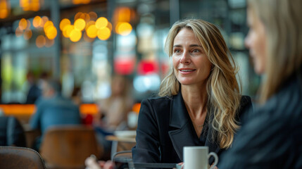 An elegant businesswoman shares a smile during a casual meeting in a café adorned with warm, glowing lights.