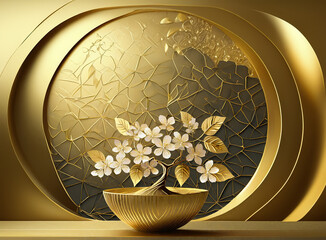 Cherry Blossom in Golden pot and golden background