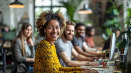 group of diverse multiethnic business people and software developers working as a team in office  wide shot long shot depth of field focuses on the genuine smile 