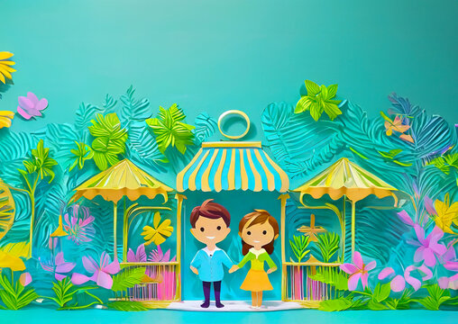 AI Art  cute cupple are standing in the flower park paper art style