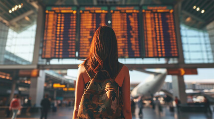  .A traveler gazing at flight information, evoking a sense of wanderlust. Backlit airport setting. Copy space. - obrazy, fototapety, plakaty