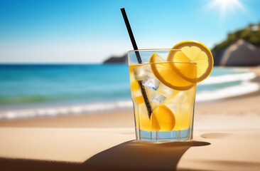 Cold drink with ice and a slice of lemon on the beach on a hot summer day