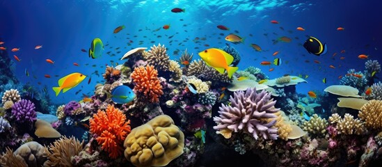An underwater ecosystem teeming with marine organisms such as fish and stony corals, creating a colorful reef in the fluid coastal waters of the ocean