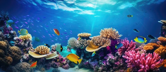 Naklejka premium An underwater world filled with colorful fish and vibrant corals thrives in a coral reef off the coast. Marine organisms in electric blue hues adorn the stony structures