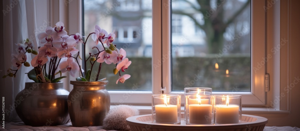 Poster a wooden table is positioned in front of a window, showcasing candles and vases filled with an array