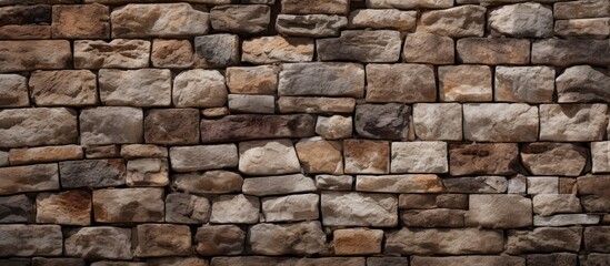 A sturdy wall constructed from rocks with a brown hue, creating a textured and earthy backdrop. The rocks are stacked neatly, showcasing a strong and durable construction.