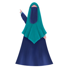 Full body of Muslim woman illustration in niqab with raised hand pointing to the side on transparent background.