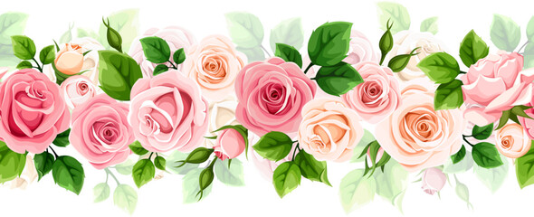 Floral seamless garland with pink and white rose flowers and green leaves. Vector horizontal seamless border