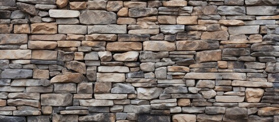 A sturdy stone wall built using small rocks to create a durable and rustic fence or border. The rocks are meticulously placed to form a solid structure against a backdrop of stone paving.