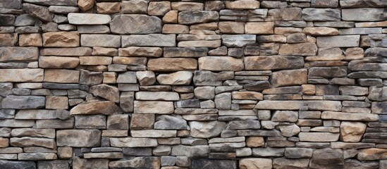 A sturdy stone wall built using small rocks to create a durable and rustic fence or border. The rocks are meticulously placed to form a solid structure against a backdrop of stone paving.