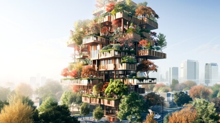  A multi-tiered building with abundant greenery, merging urban living with nature, representing sustainable architecture. - obrazy, fototapety, plakaty