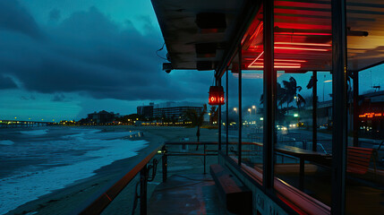 A neonlit cafe terrace at dusk overlooking a deserted beach and calm sea with city lights in the background
