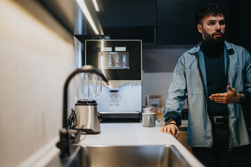 Contemplative man standing in a modern kitchen with coffee machine at home.