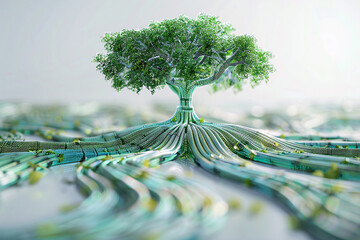 Technological trees growing on network lines, Arbor Day green energy smart agriculture concept illustration