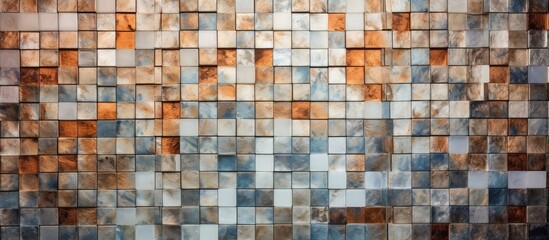 Fototapeta premium A detailed view of a tile wall featuring an intricate pattern in shades of brown and blue, showcasing a vintage mosaic design for a background. The tiles are neatly aligned,
