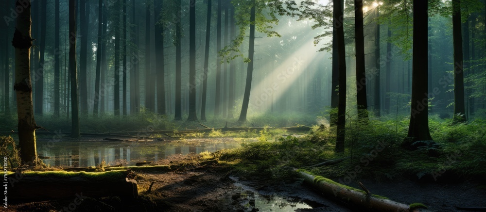 Poster the sunlight filters through the trees in the dense forest, creating a magical natural landscape fil