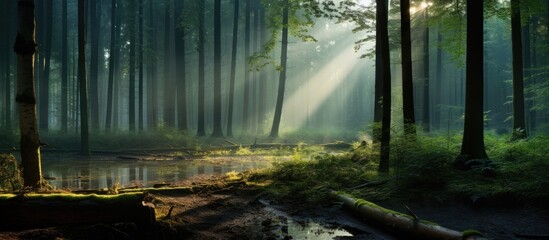 The sunlight filters through the trees in the dense forest, creating a magical natural landscape filled with shadows and light