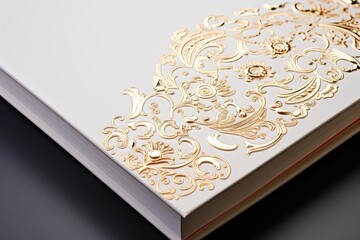 The intricate design of a vintage book cover adorned with intricate details and gold foil accentsStudio shot luxurious design elegant simplicity