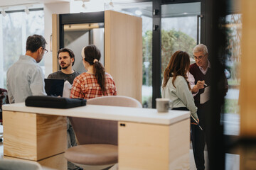 Casual business meeting in a contemporary office setting, featuring a diverse group of professionals discussing over documents.