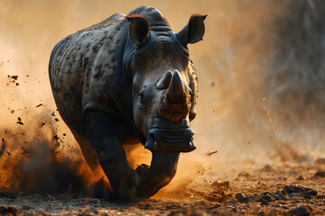 A Rhino Running in the Desert. Running Rhinoceros in the Savannah