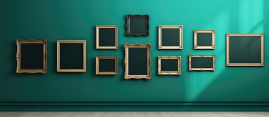 A wall covered in a collection of frames, ranging from antique to modern styles, displayed on a vibrant green background. The frames appear to be part of an art fair gallery or museum exhibition - obrazy, fototapety, plakaty