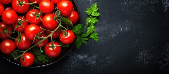 A bowl of cherry tomatoes a seedless fruit belonging to the plant family with parsley garnish, set against a black background, showcasing fresh and natural produce