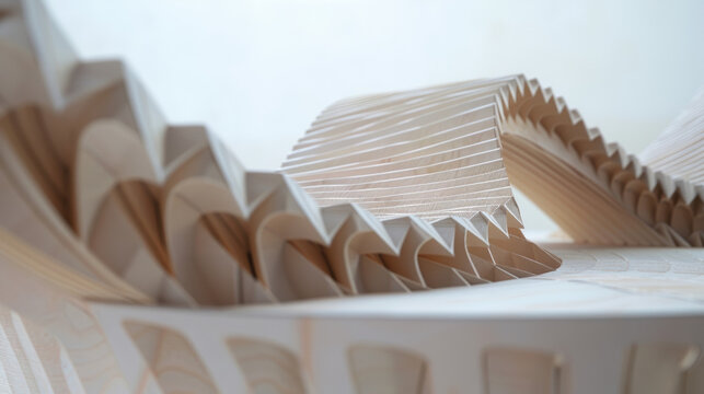 A zoomed in shot of a paper bridge capturing the minute details of each folded crease and the sharp clean lines that give the structure its strength and stability.