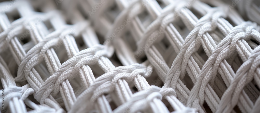 Aufkleber detailed view of a white woven macrame cotton material showing intricate patterns and textures in cl