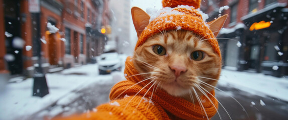 Cute orange cat in knitted hat and scarf walking on snowy street?Could you please help me to improve my writing skills? - obrazy, fototapety, plakaty