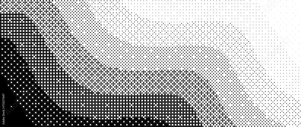 Poster Pixelated wavy line gradient texture. Black dithered wiggly striped background. Retro bitmap video game wallpaper. Vintage undulate pixel halftone 8 bit overlay print. Vector fading gradation backdrop
