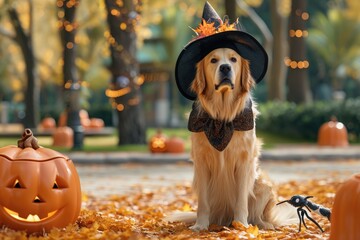 A dog dressed as a witch for Halloween. A golden retriever sits in a park in autumn with orange pumpkins . - Powered by Adobe