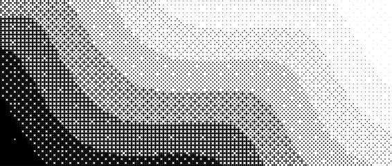Pixelated wavy line gradient texture. Black dithered wiggly striped background. Retro bitmap video game wallpaper. Vintage undulate pixel halftone 8 bit overlay print. Vector fading gradation backdrop © vika_k