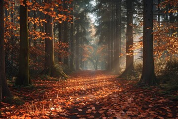 Dreamy forest trail with fallen leaves, tall trees, and soft  leaves.